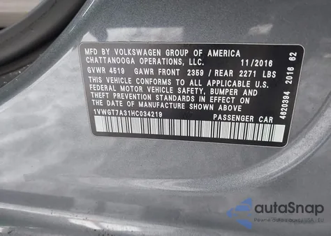 2017 Volkswagen Passat 1.8T Se z USA, uszkodzony, nr VIN 1VWGT7A31HC034219